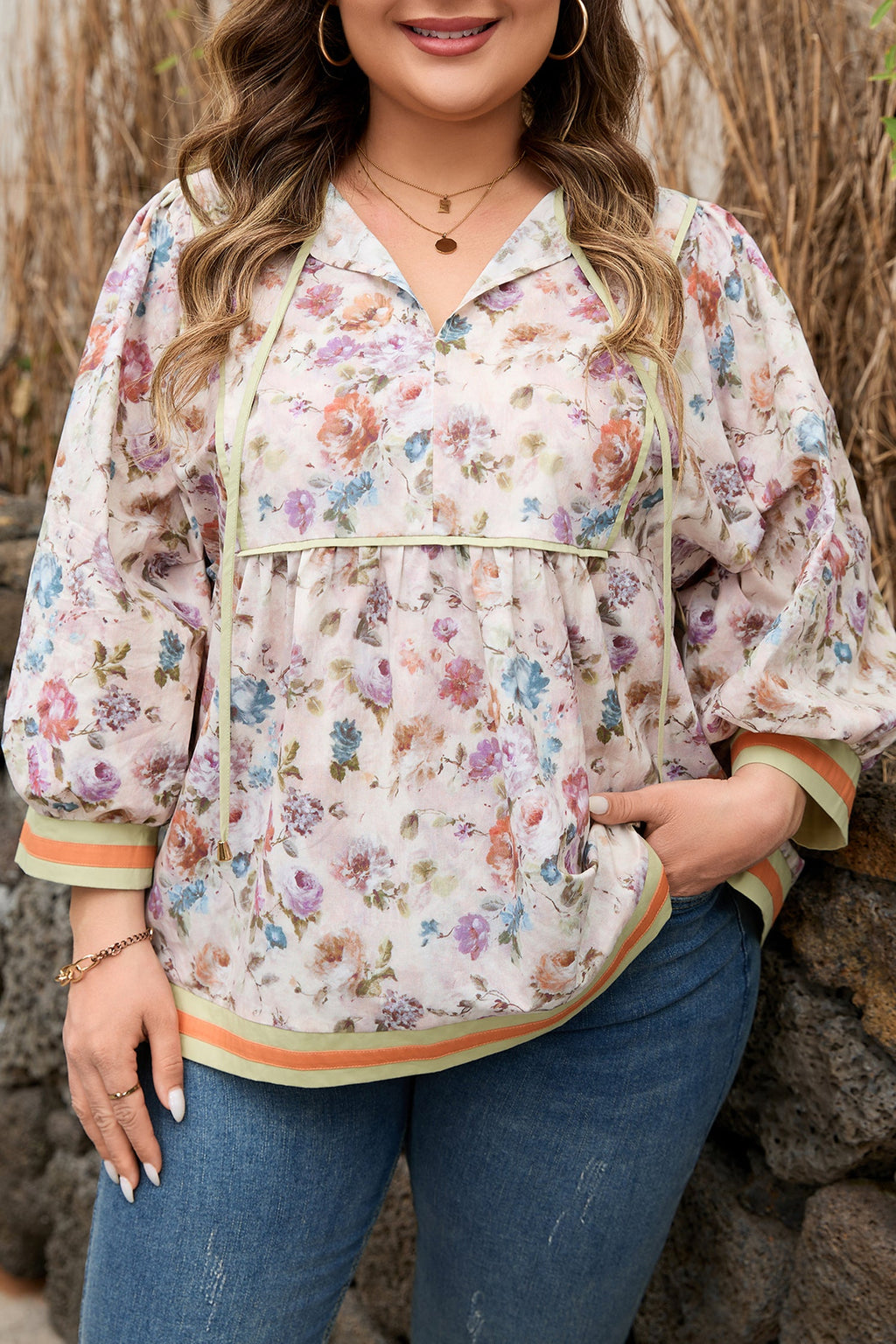 Andi Striped Detail Babydoll PLUS Blouse