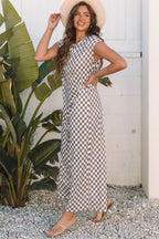 Paisley Checkered Buttoned Crew Neck Wide Leg Jumpsuit