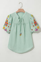 Reya Floral Embroidered Puff Sleeve Split Neck Blouse