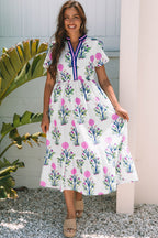 Julietta Floral Puff Short Sleeve V Neck High Waist Maxi Dress