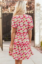 Ruby Floral Puff Sleeve Tiered Ric Rac Pocketed Mini Dress