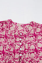 Pink Floral Print Split Neck Pleated Puff Sleeve Blouse