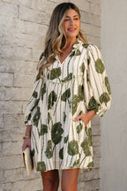 Angie Floral Striped Piping Puff Sleeve Dress