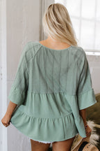 Ensley Tie Split Neck Textured Ruffle Patchwork Blouse