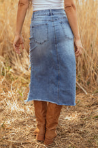Alexis Irregular Distressed Bottom Denim Midi Skirt