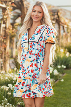 Laylani Floral Zipper Ruffled Short Sleeve High Waist Mini Dress