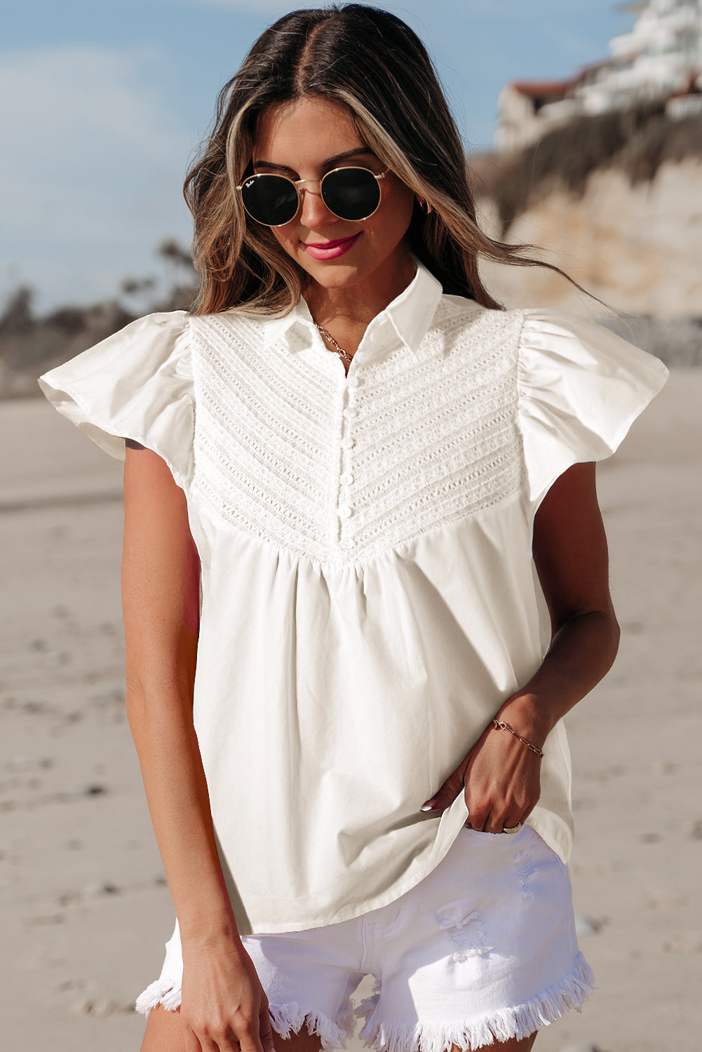 Noor Half Button Lace Flutter Sleeve Blouse