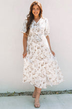 Iliana Floral Puff Sleeve V Neck Buttoned Front Maxi Dress