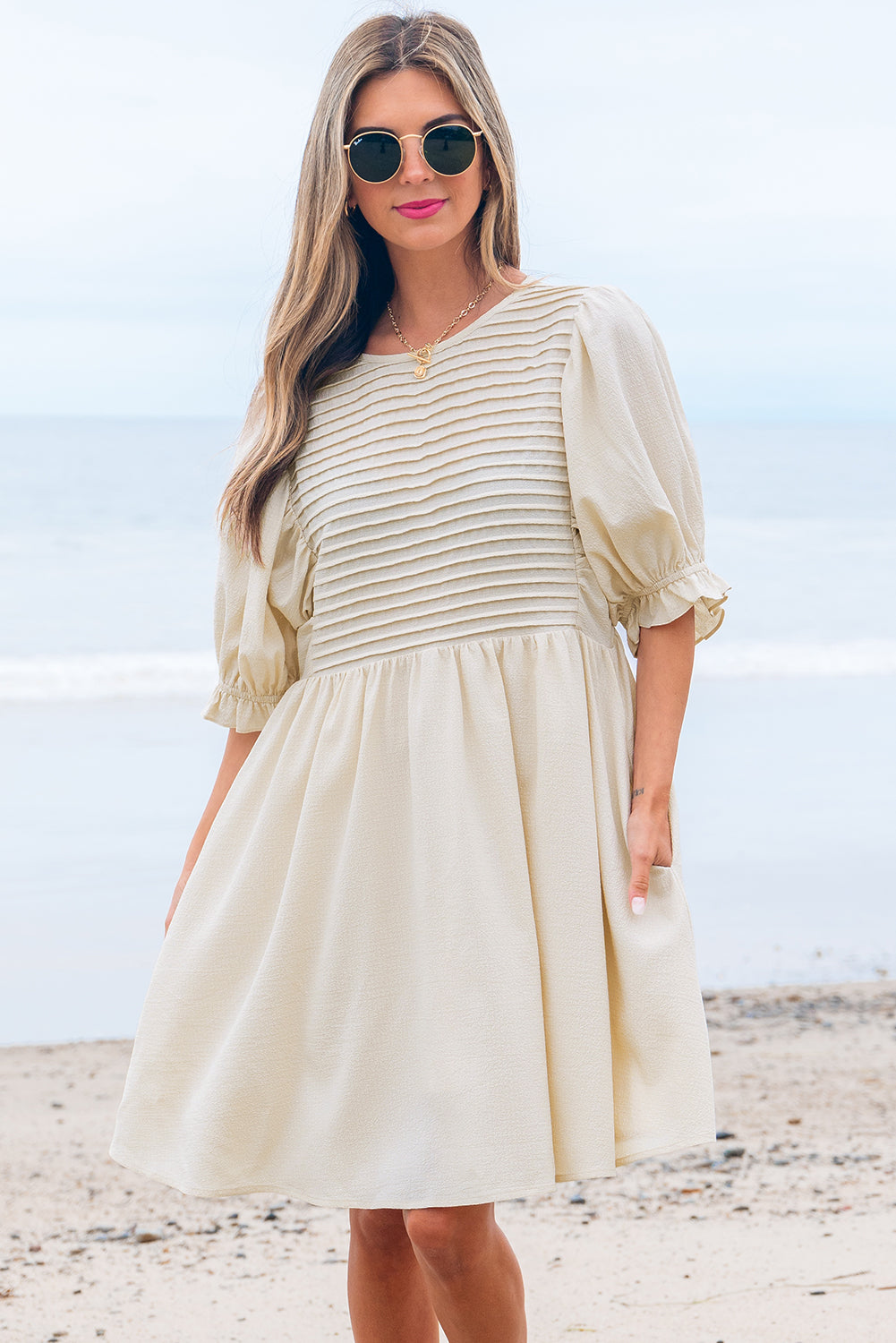 Dania Textured Ruffled Puff Sleeve Loose Dress