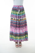 Printed Elastic Waist Band Long Skirt with Tassels in Pink Combo