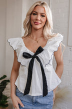 Azariah Contrast Bow Ruffle Trim V Neck Blouse