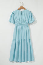 Lara Puff Sleeve Pleated High Waist Midi Dress