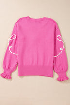 Corded Flower Bow Ribbed Trim Casual Sweater