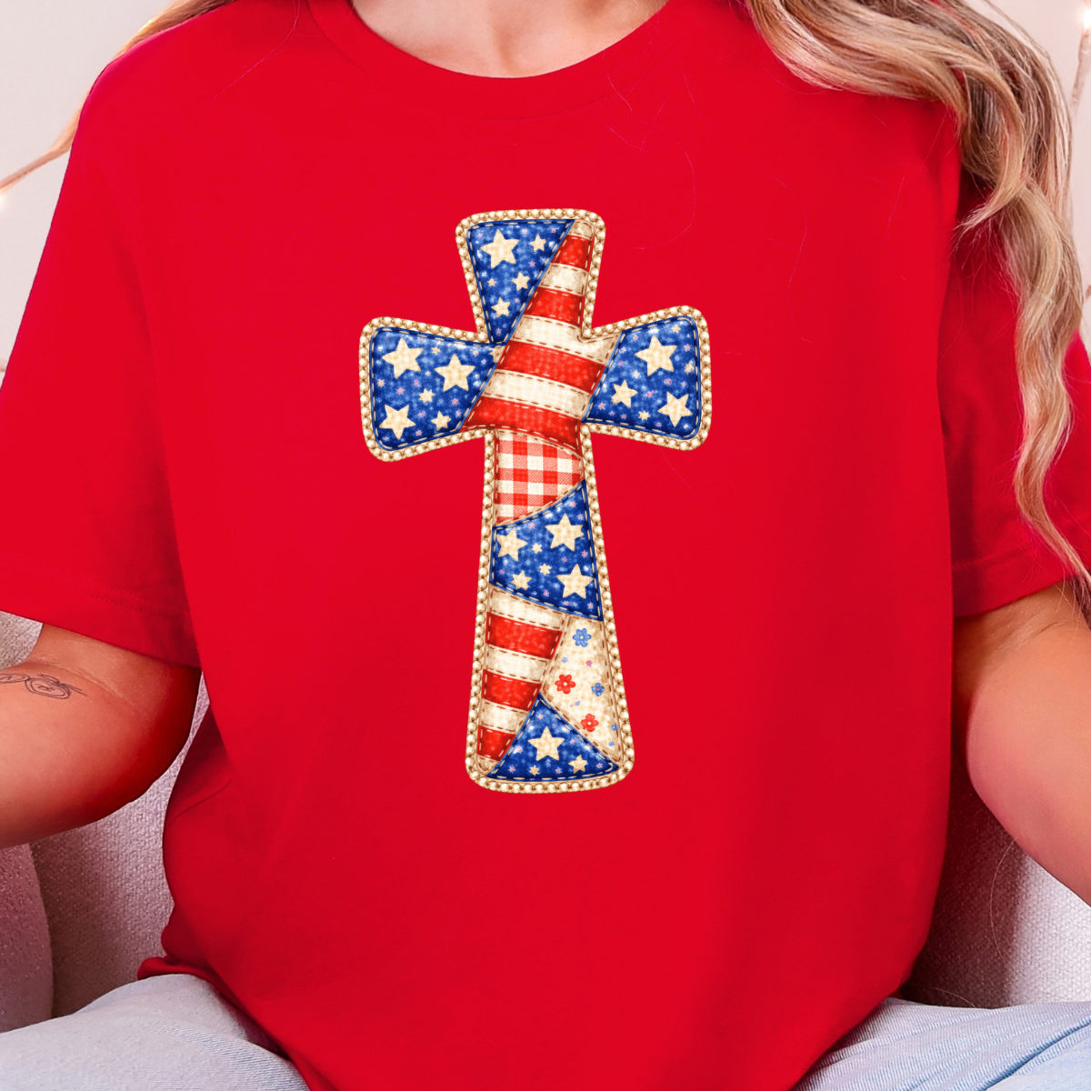 Wholesale Patriotic Patchwork Cross Graphic Tee - Red Tee