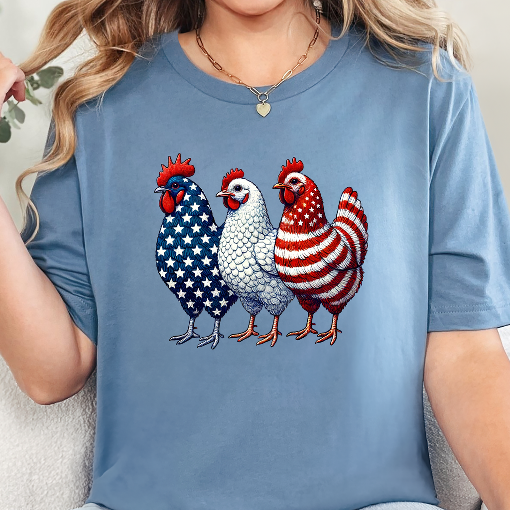 Wholesale Patriotic Chickens Graphic Tee - Steel Blue Tee