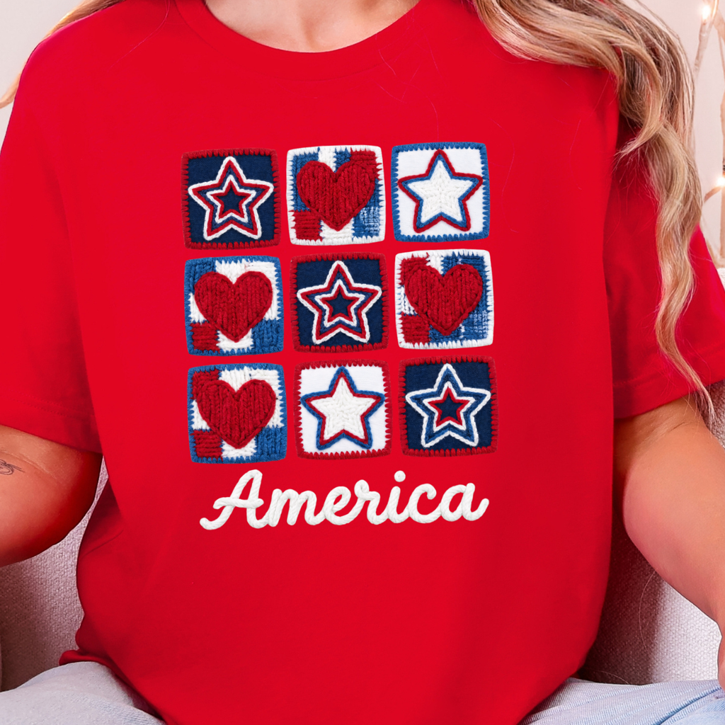 Wholesale Patriotic Quilt Stars Hearts Graphic Tee - Red Tee