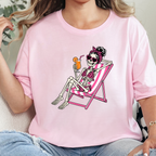 Wholesale Skeleton in Lawn Chair Graphic Tee - Soft Pink