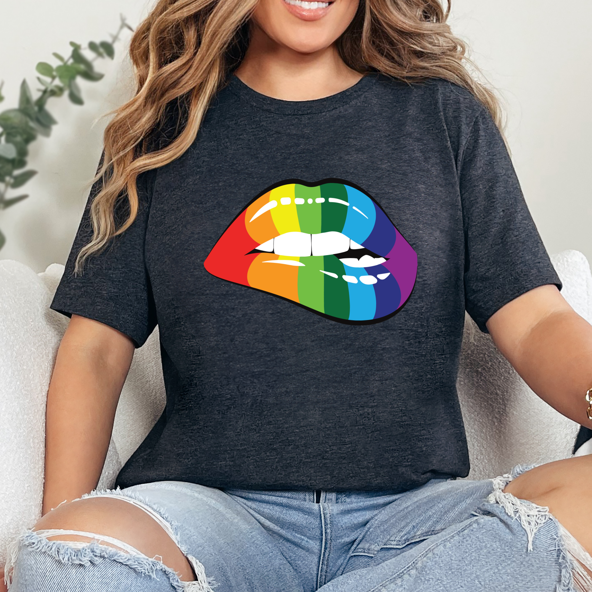 Wholesale Rainbow Lips Graphic Tee - Dark Grey Heather Tee