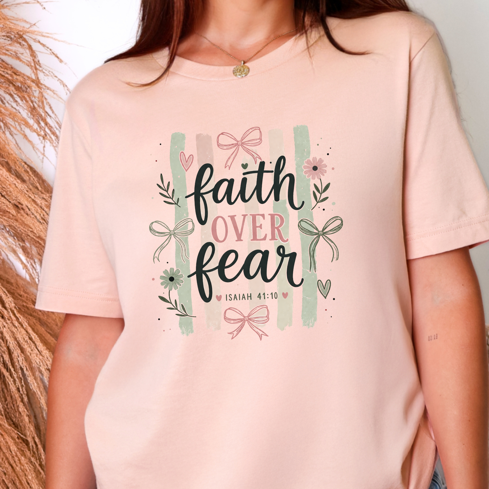 Wholesale Faith over Fear Stripes Graphic Tee - Peach