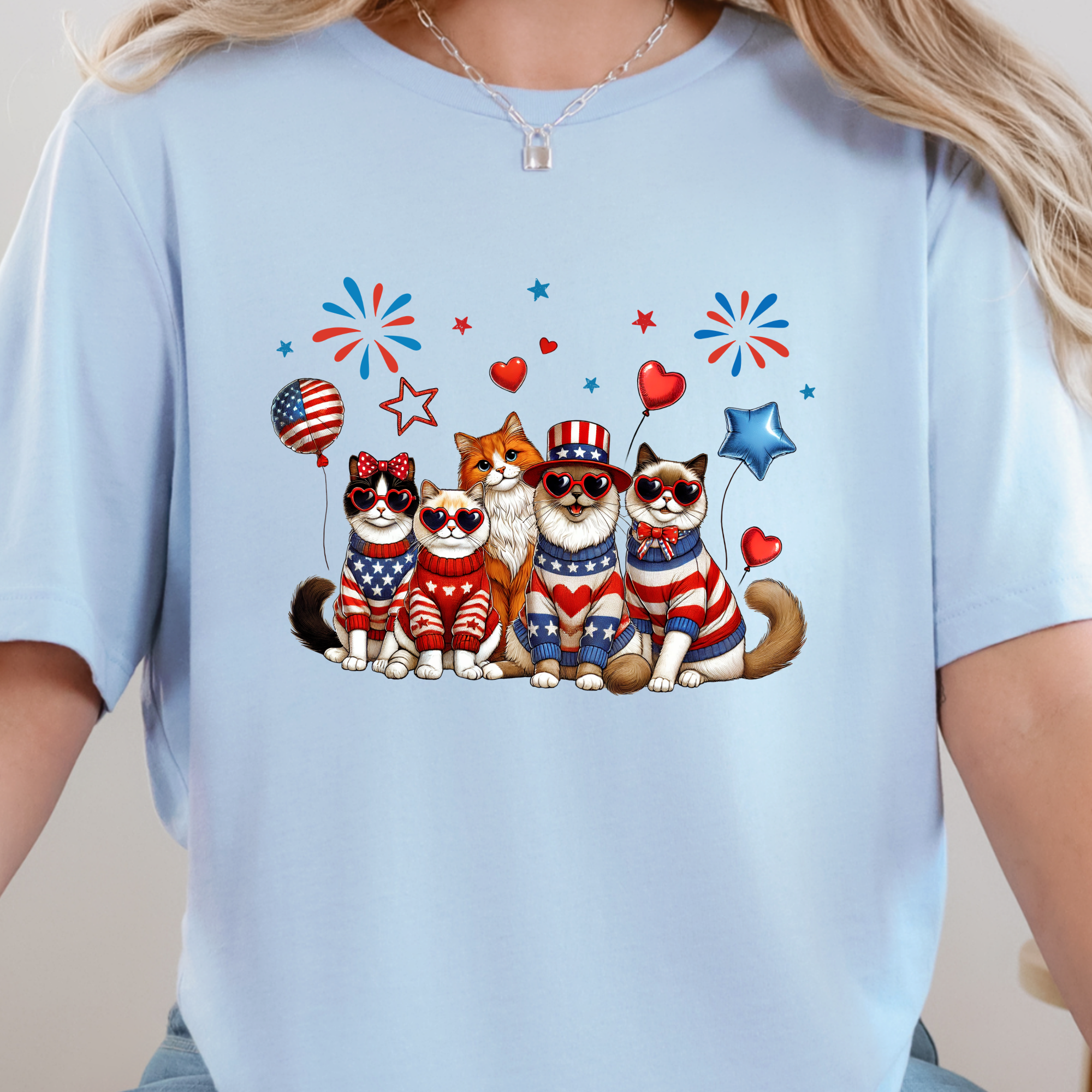 Wholesale Cats Patriotic Graphic Tee - Baby Blue Tee