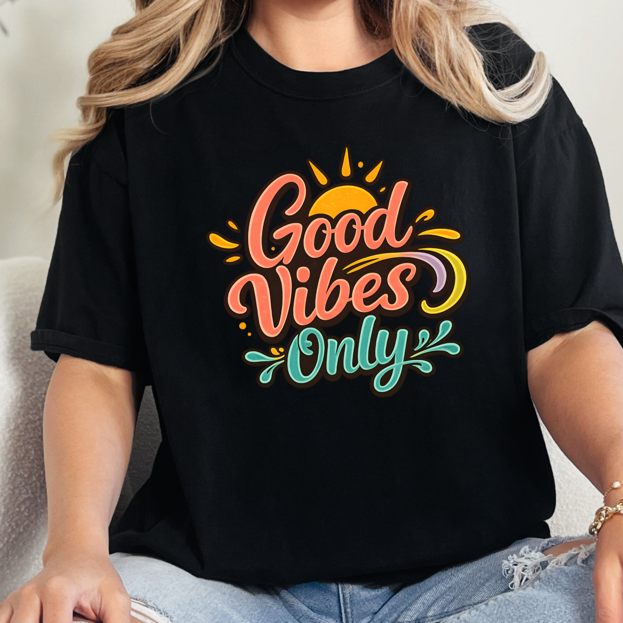 Wholesale Good Vibes Only Bright Graphic Tee - Black Tee