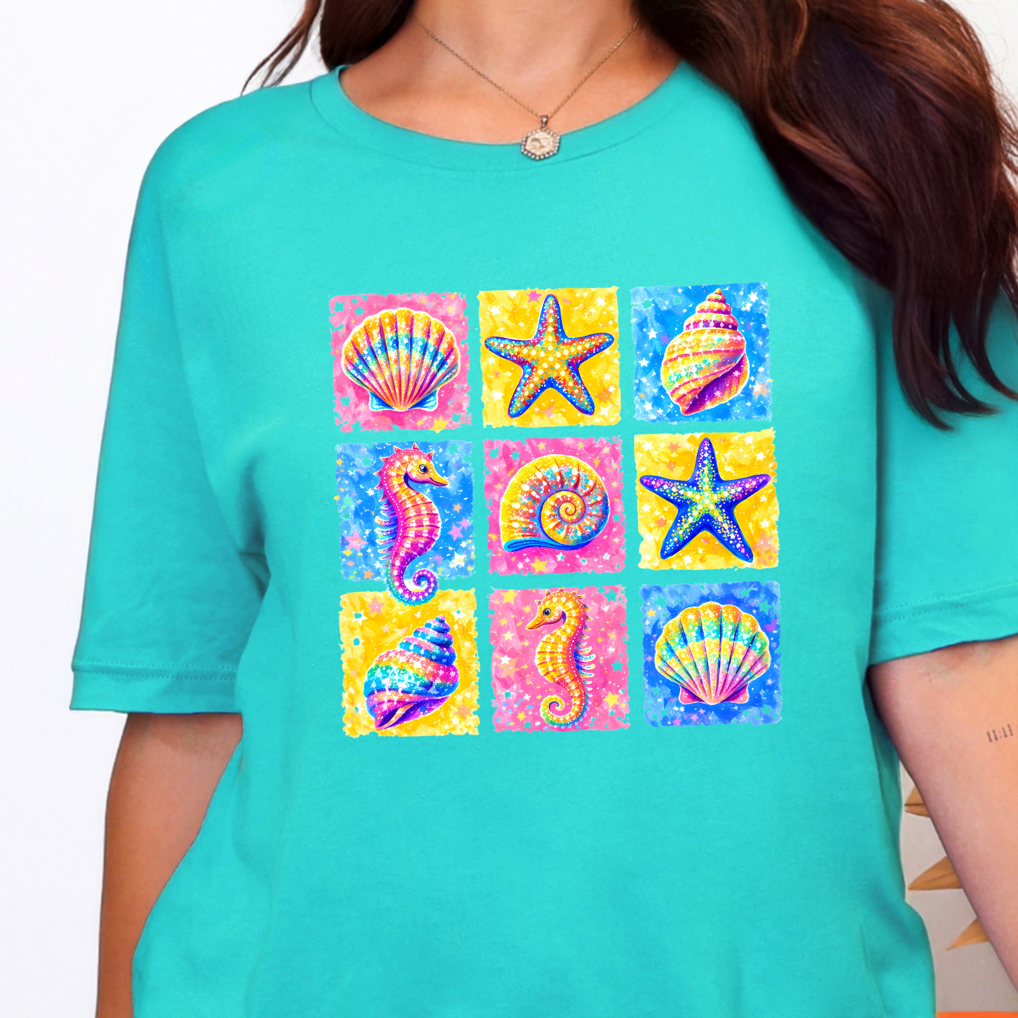 Wholesale Preppy Summer Grid Graphic Tee - Heather Sea Green