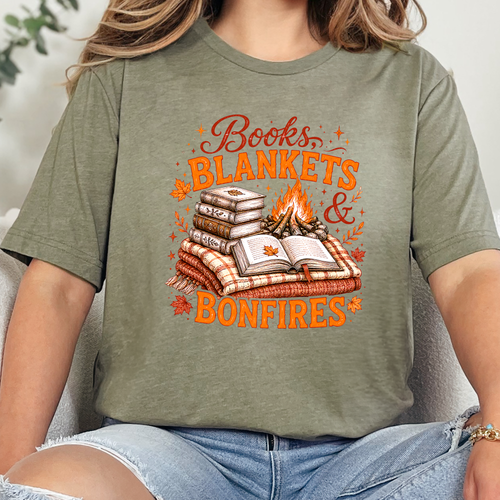 Wholesale Books, Blankets & Bonfires Graphic Tee - Heather Olive
