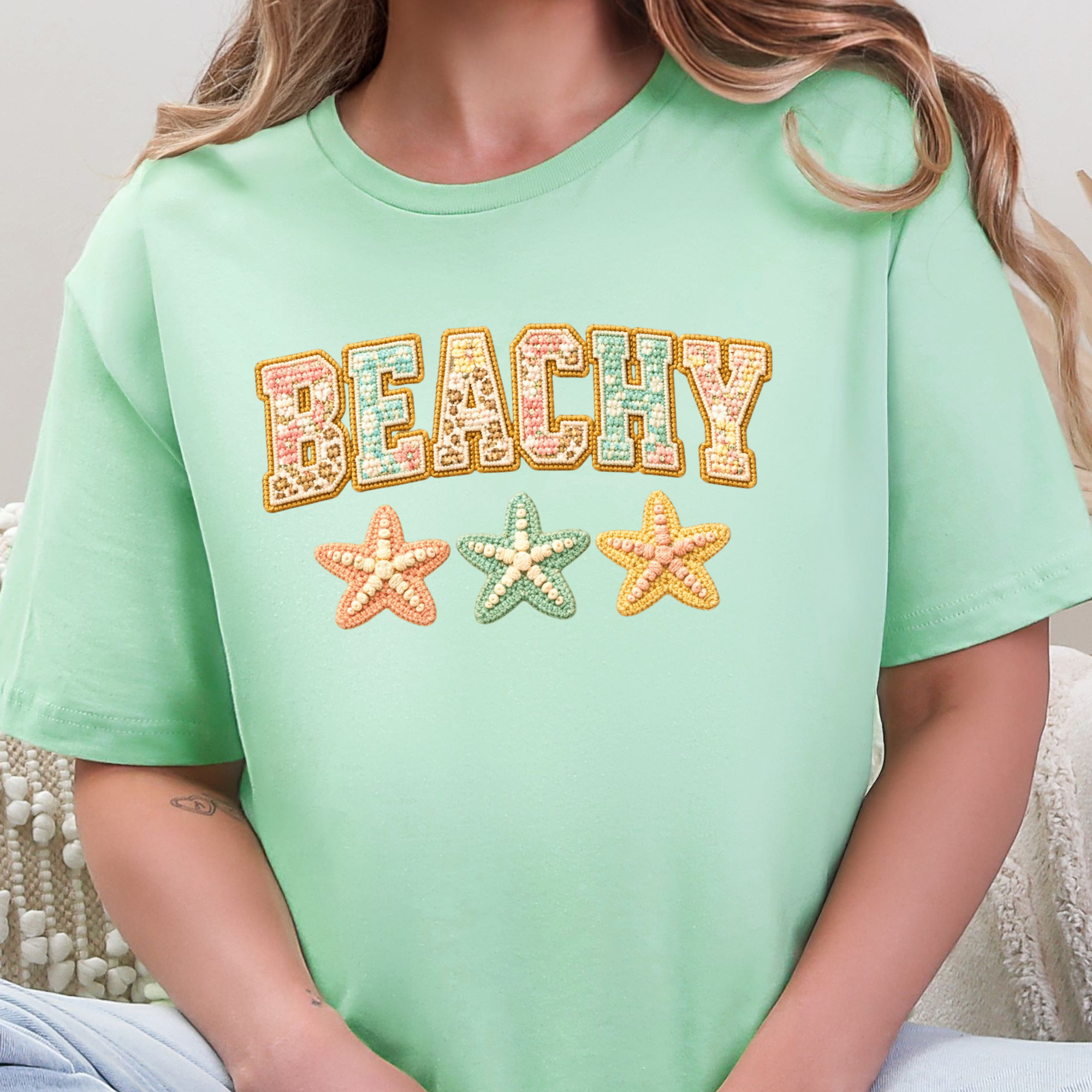 Wholesale Beachy Floral Patchwork Graphic Tee - Mint