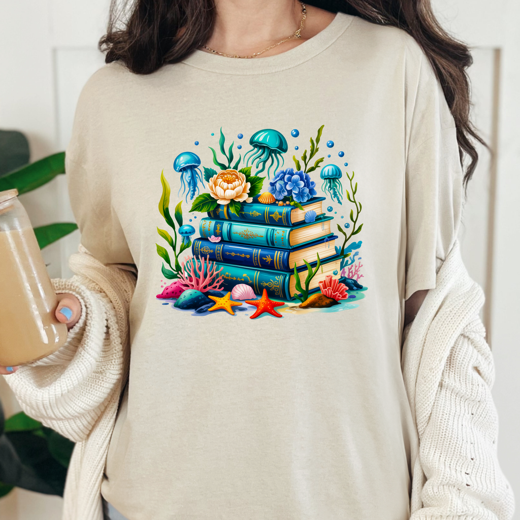Wholesale Nautical Floral Books Graphic Tee - Natural Tee