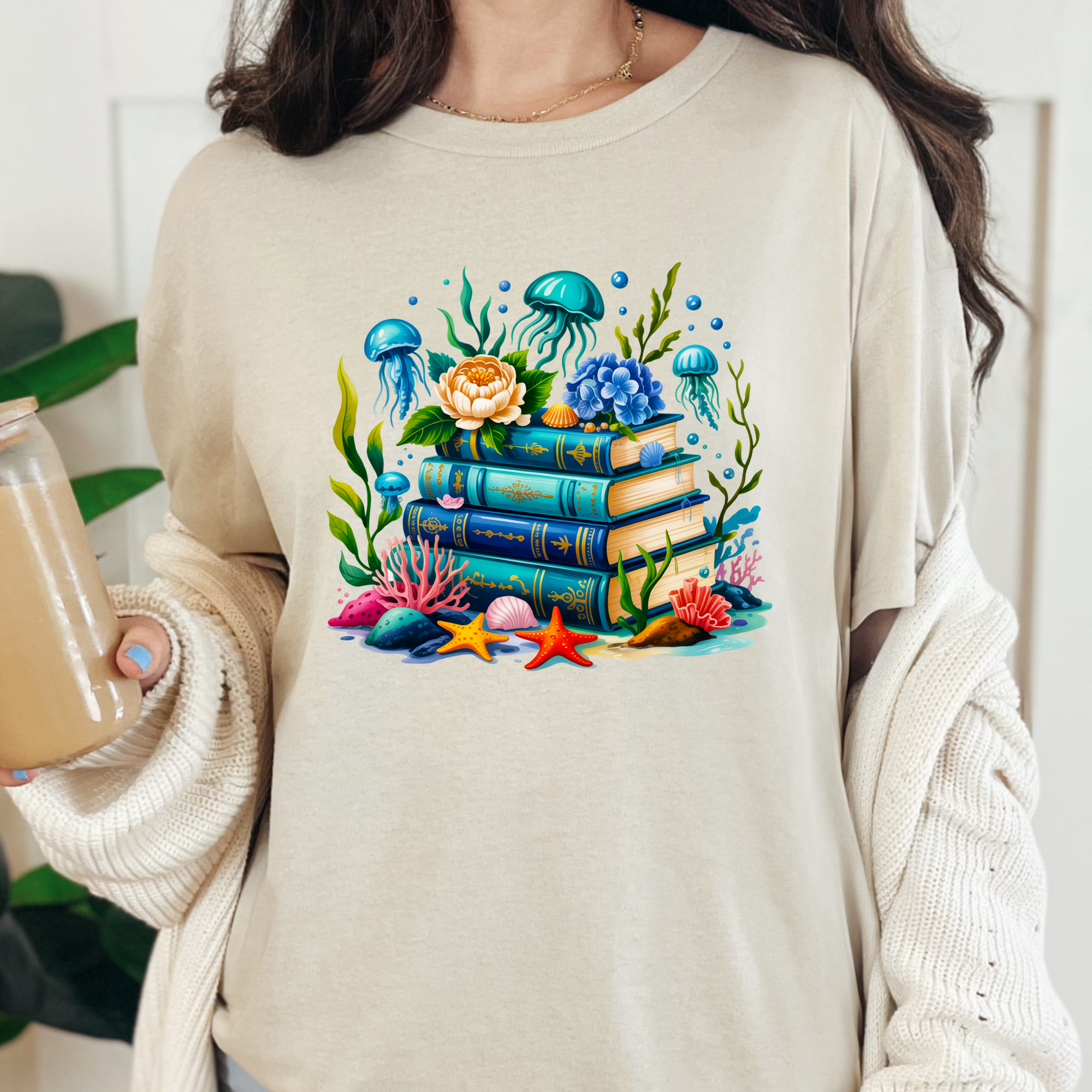 Wholesale Nautical Floral Books Graphic Tee - Natural Tee