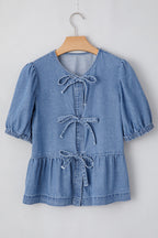 Hope Tied Front Bubble Sleeve Peplum Denim Shirt