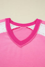Bonbon Lace Striped Patchwork Long Sleeve Corded V Neck Plus Size Top