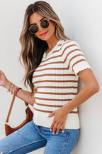 Eloise Stripe Scalloped Round Neck Short Sleeve Sweater