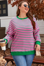 Pink Stripe Waffle Knit Crew Neck Plus Size Sweatshirt