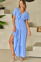 Kelsey Textured Flutter Sleeve Ruffled Maxi Dress