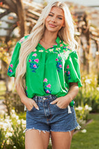 Ayah Floral Tie Split Neck Short Sleeve Blouse