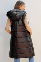 Black Hooded Long Quilted Vest PLUS Coat