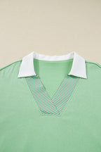 Moonlight Jade Color Block Striped Patchwork Collar V Neck Plus Size Sweatshirt