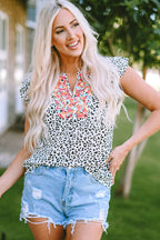 Malaya Leopard Ruffle Shoulder Sleeveless Top