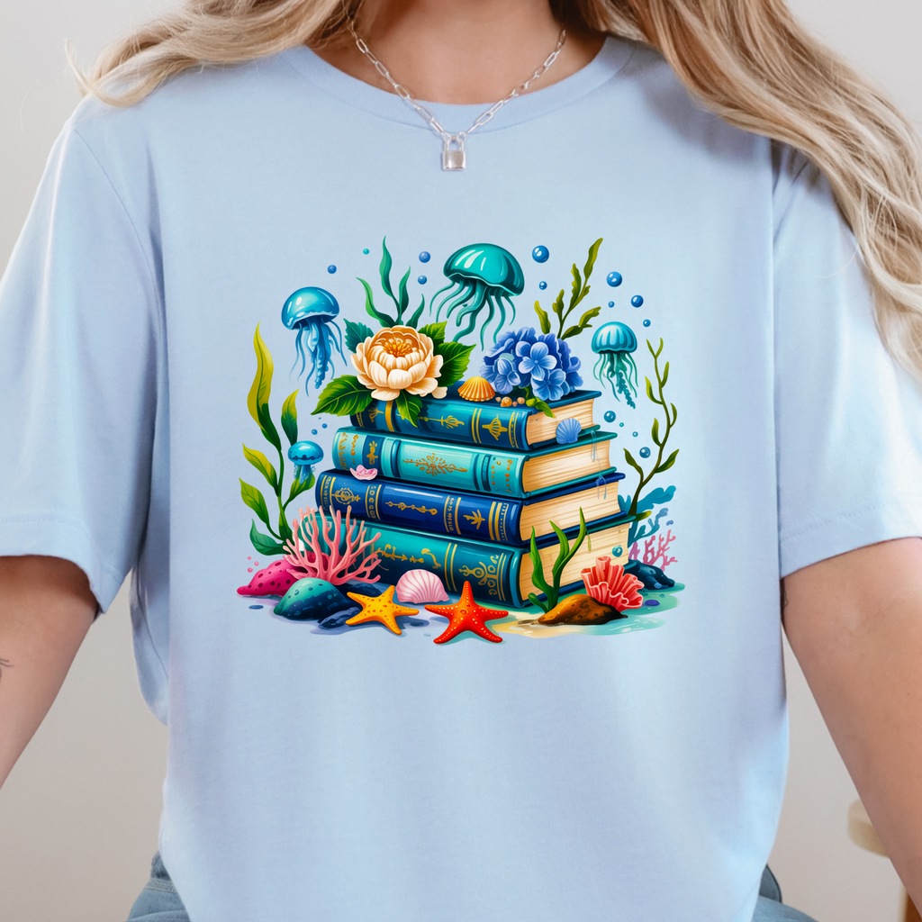 Wholesale Nautical Floral Books Graphic Tee - Baby Blue Tee