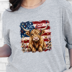 Wholesale Patriotic Highland Cow Graphic Tee - Grey Tee