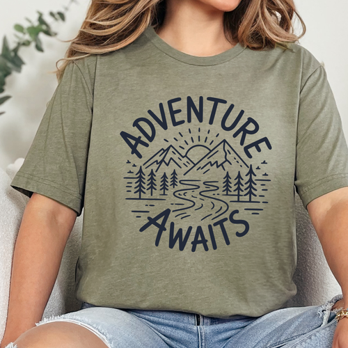 Wholesale Adventure Awaits Graphic Tee - Heather Olive