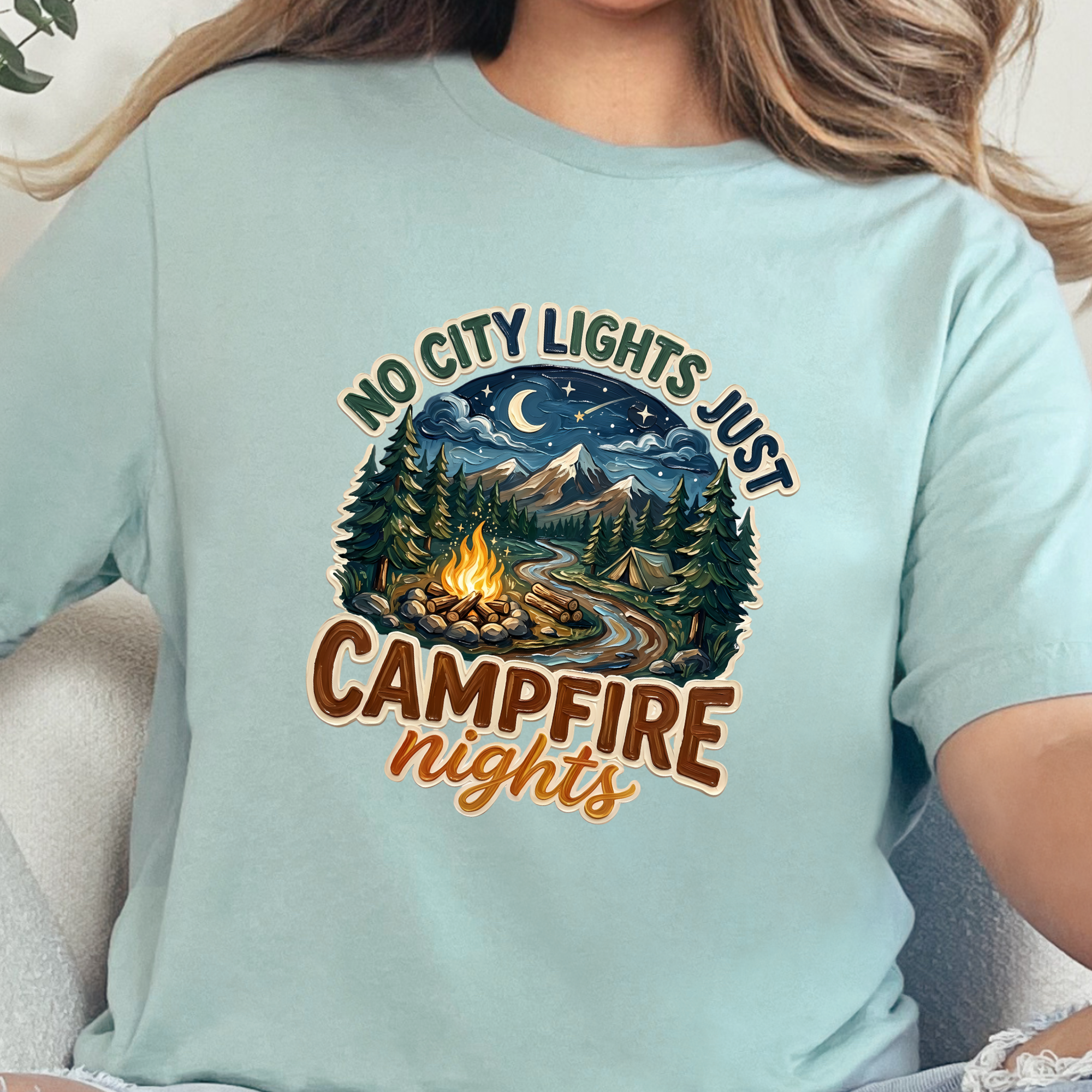 Wholesale No City Lights Campfire Nights Graphic Tee - Dusty Blue Tee