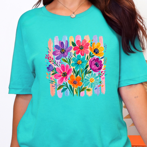 Wholesale Boho Floral Brushstroke Graphic Tee - Heather Sea Green
