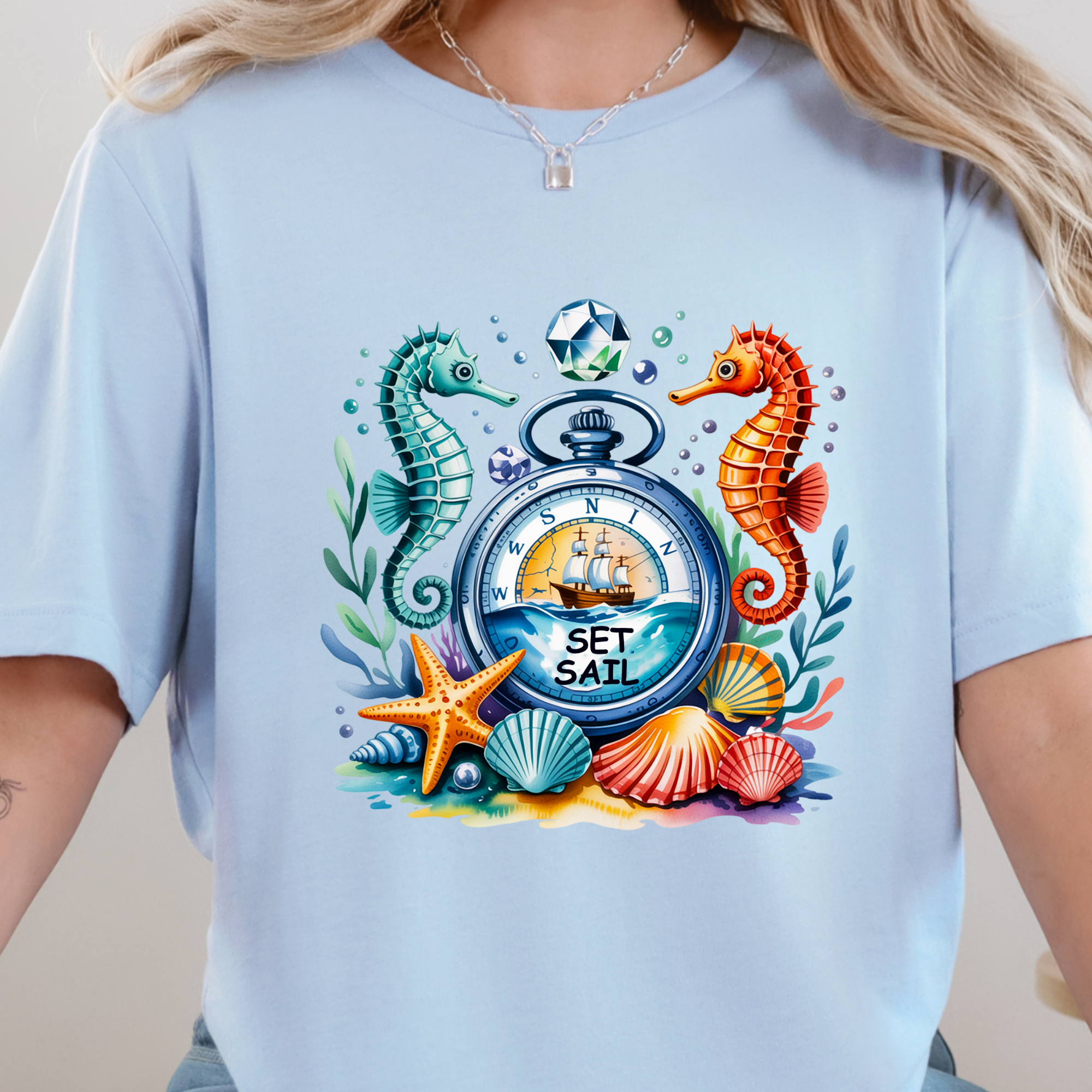 Wholesale Nautical Compass Graphic Tee - Baby Blue Tee