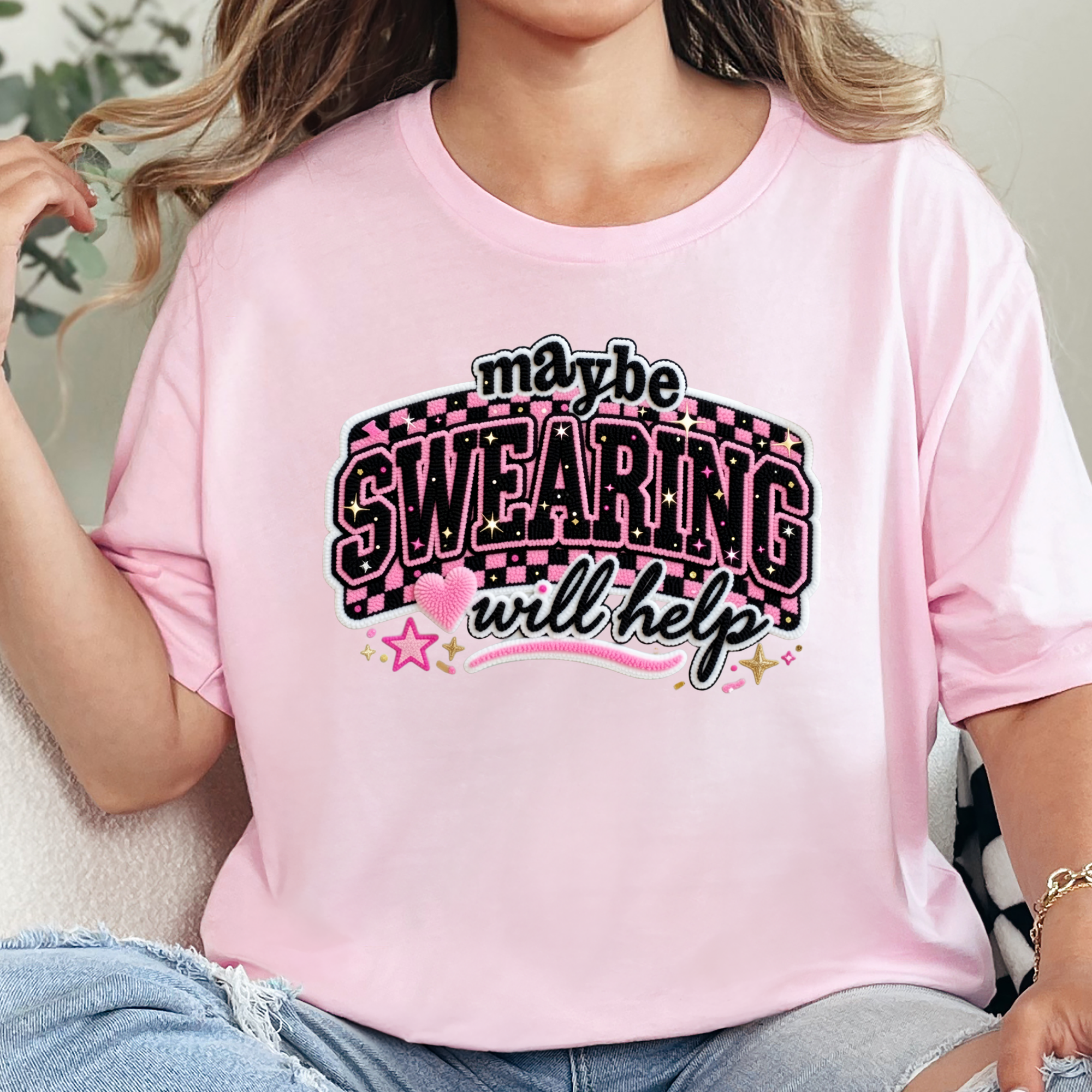 Wholesale Maybe Swearing Will Help Graphic Tee - Soft Pink Tee