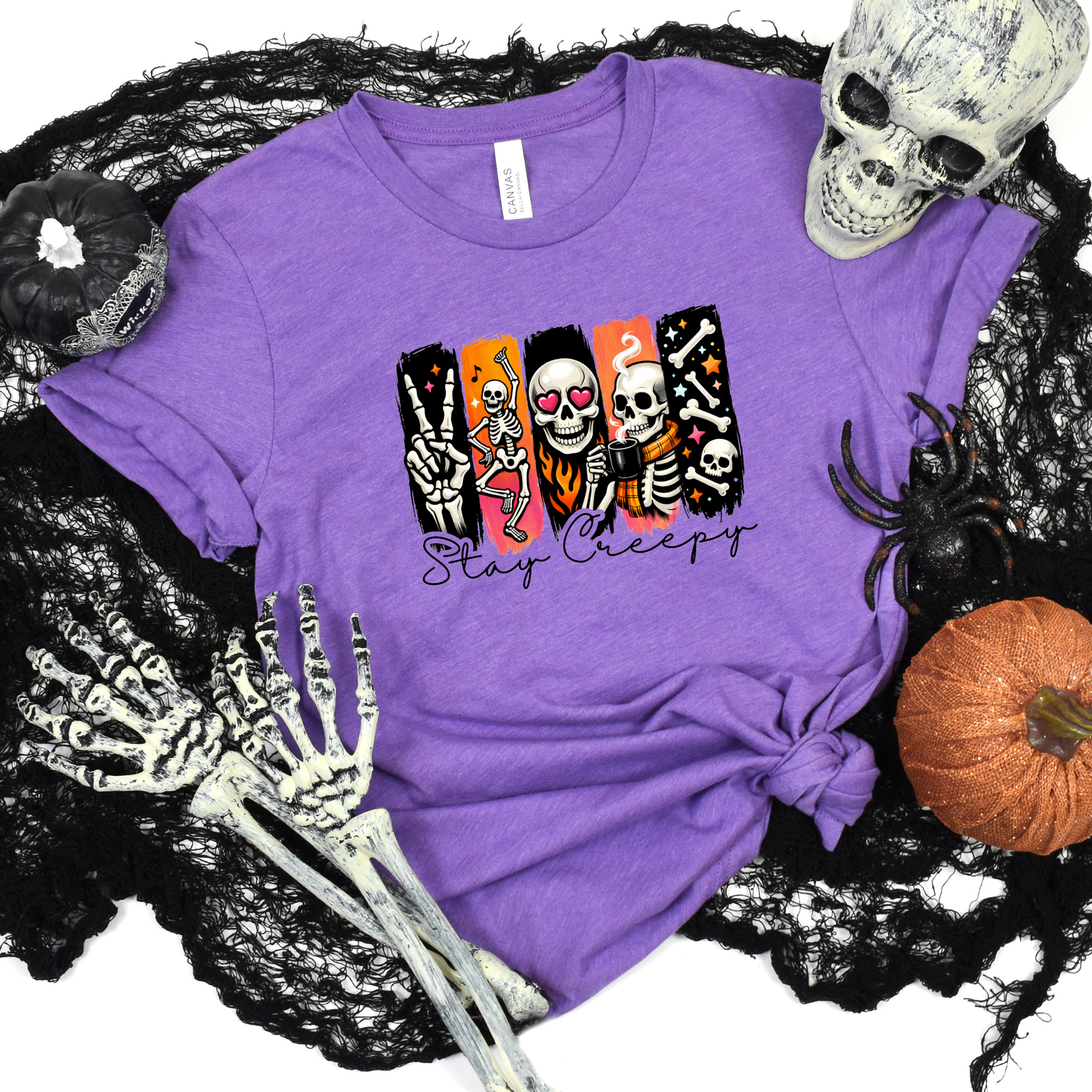 Wholesale Halloween Stay Creepy Skull Graphic Tee - Heather Team Purple