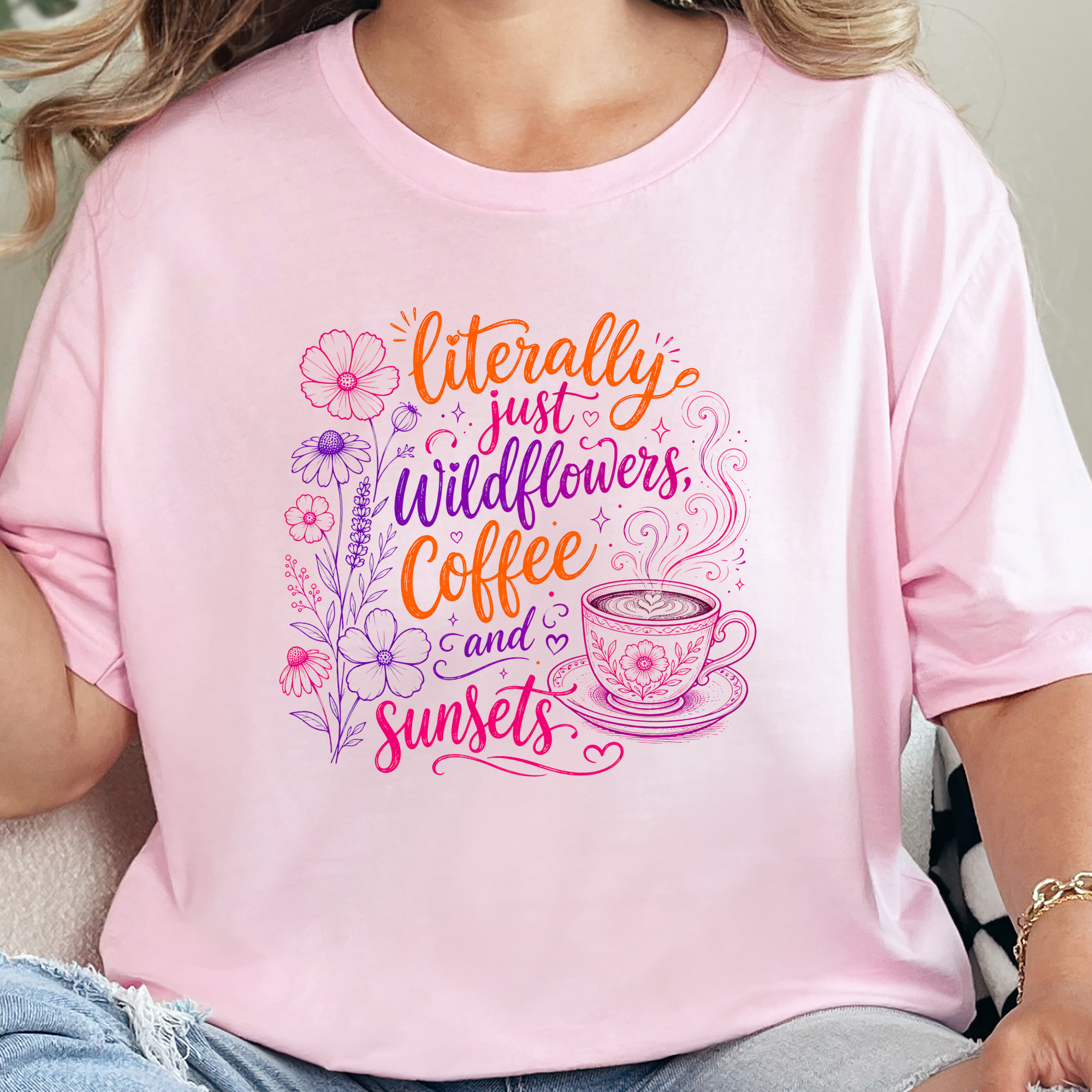 Wholesale Wildflowers Coffee Sunsets Graphic Tee - Soft Pink