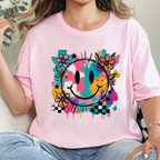 Wholesale Floral Happy Face Graphic Tee - Soft Pink Tee