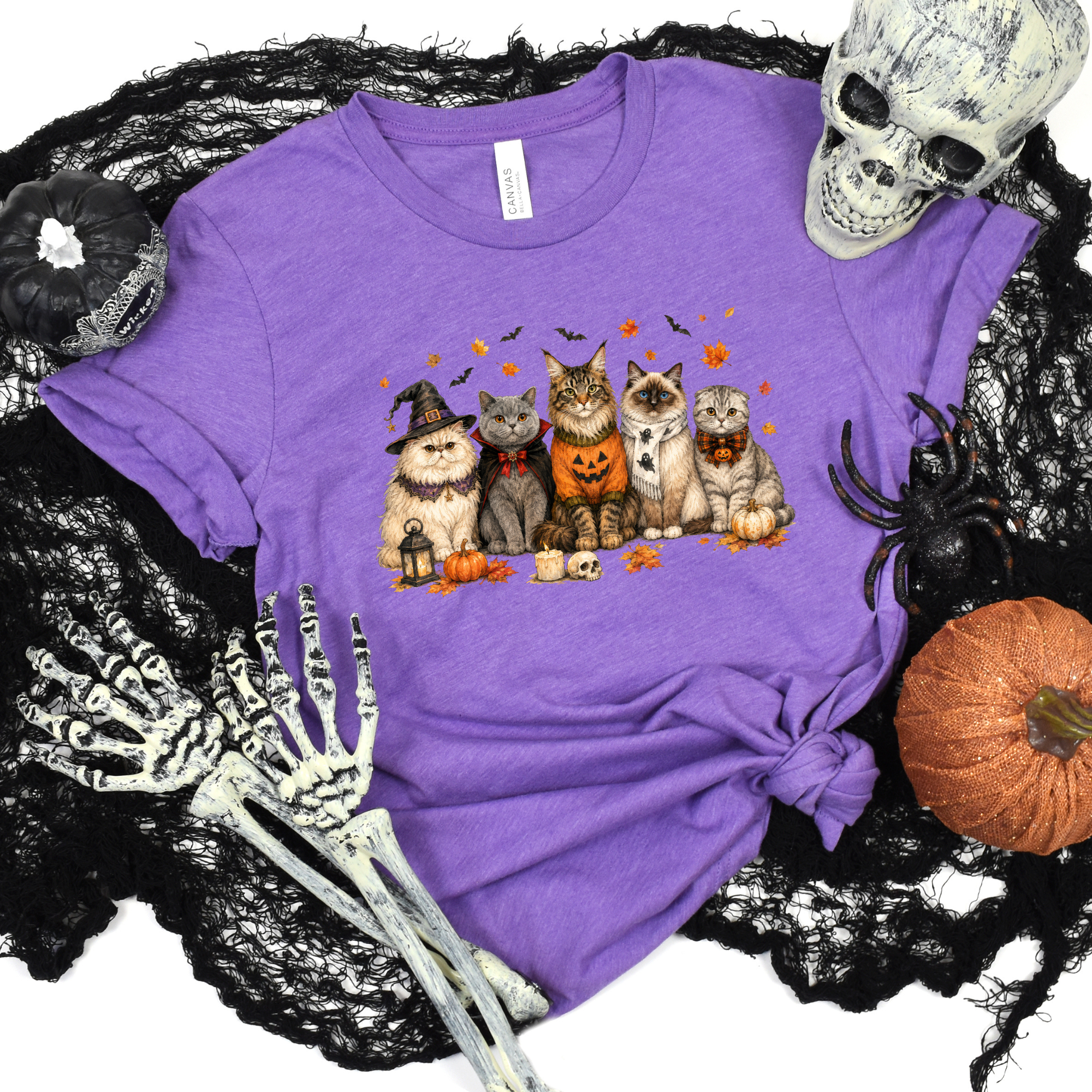 Wholesale Cute Halloween Cats Graphic Tee - Heather Team Purple